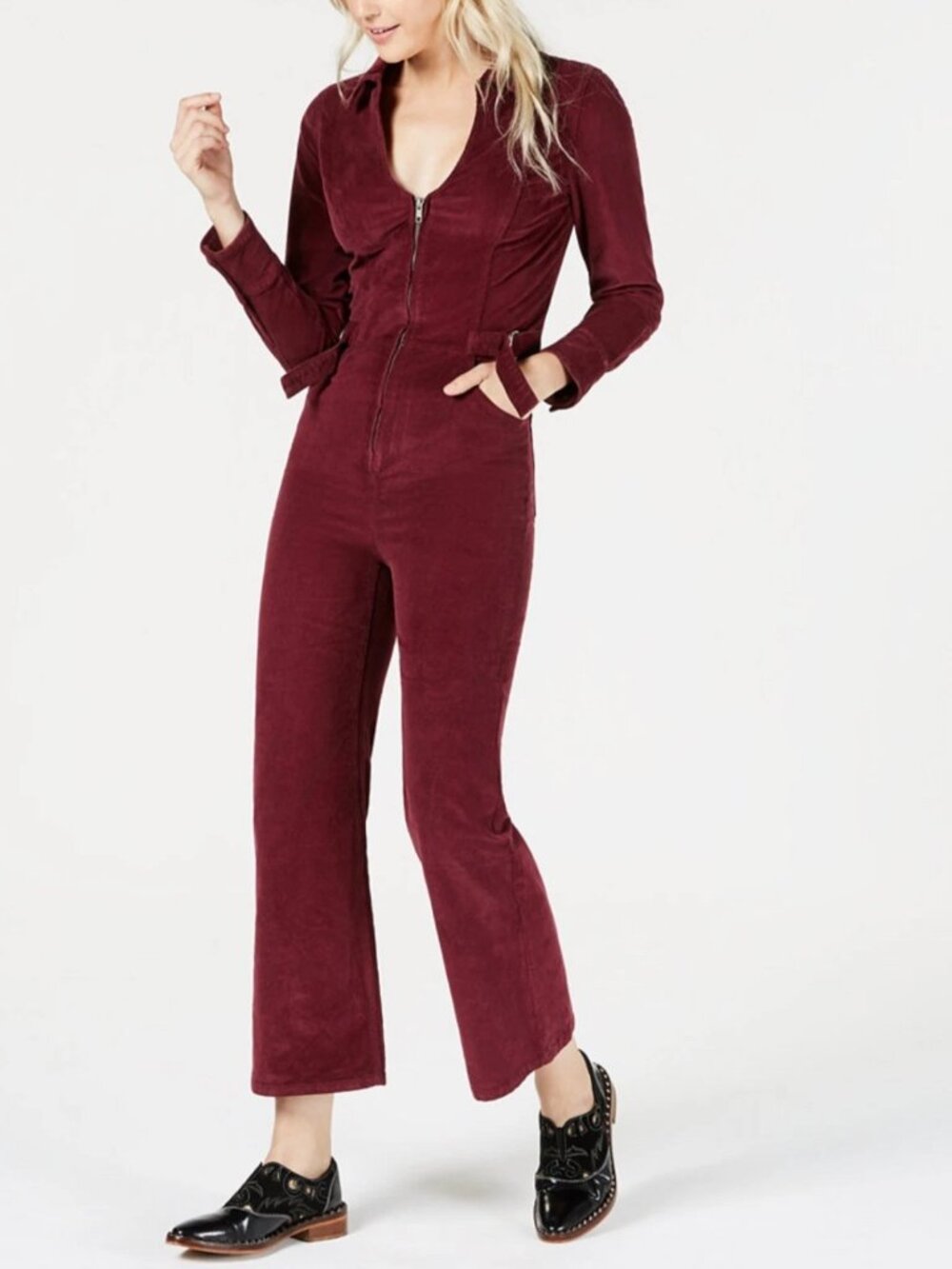 Free People Take Me Out Burgundy Mulberry 70s Corduroy Jumpsuit NWT